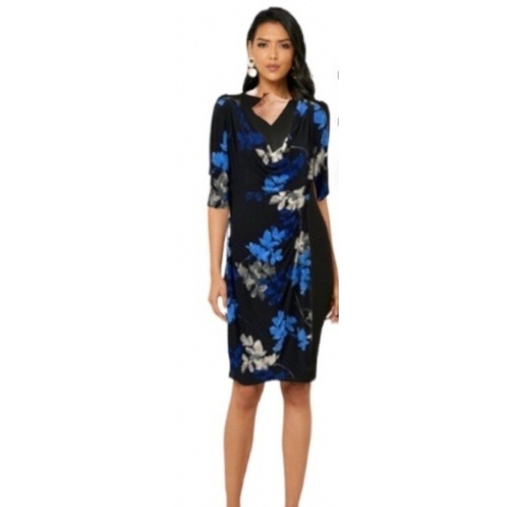 Lauren Ralph Lauren Floral Sheath Dress‎ Womens 10P Blue New Cowl Neck Ruched